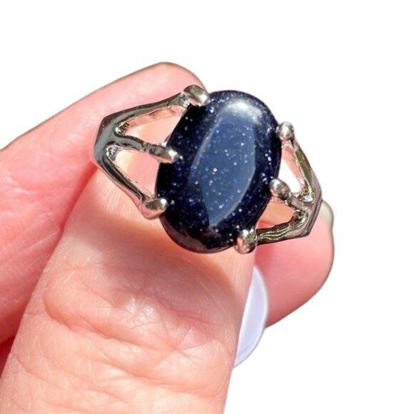 Goldstone Oval Gemstone Ring Size 9.5 in Silvertone Statement Whimsygoth - Picture 1 of 13